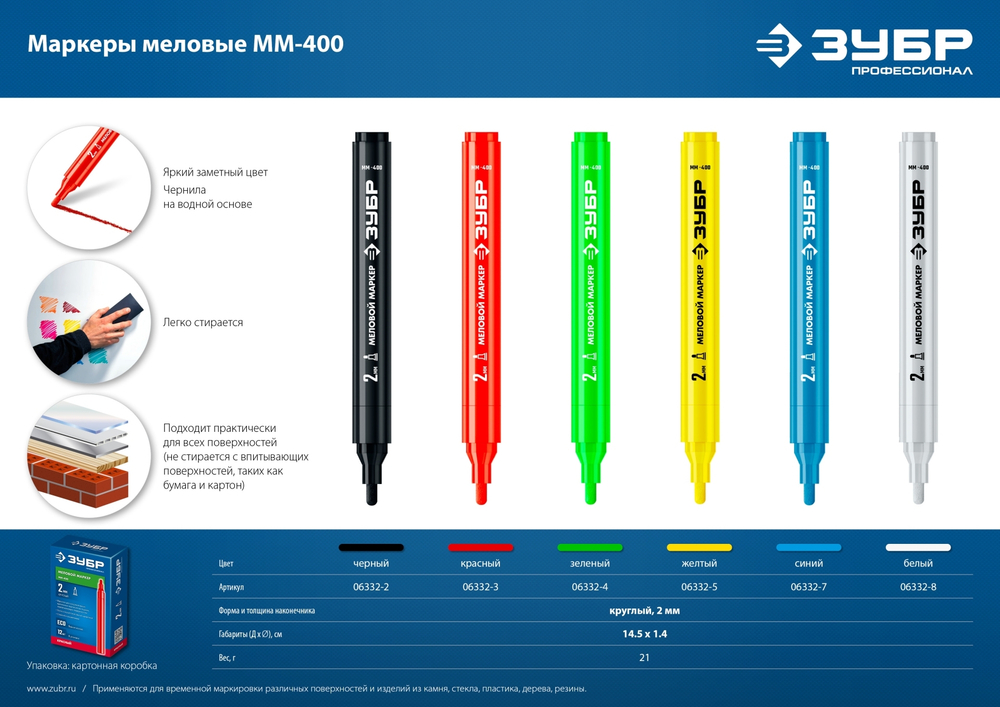 ЗУБР ММ-400 черный, 2 мм меловой маркер (06332-2)