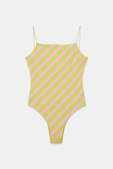 ZARA КУПАЛЬНИК В ПОЛОСКУ, ЛАЙМОВЫЙ