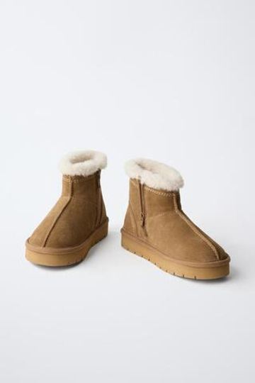 ZARA КОЖАНЫЕ САПОГИ-УГГИ, КОРИЧНЕВЫЙ