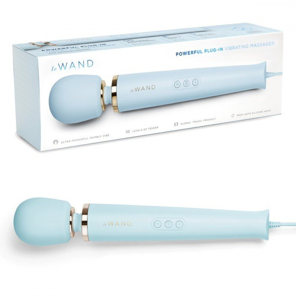 Нежно-голубой проводной вибромассажер Le Wand Sky Blue с 10-ю скоростями