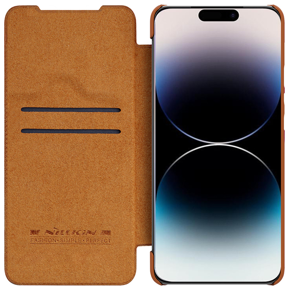 Чехол книжка коричневого цвета от Nillkin для iPhone 14 Pro Max, серия Qin Pro Leather с защитной шторкой для камеры
