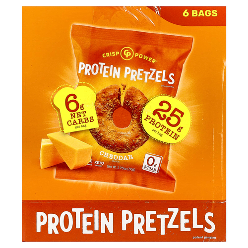 Crisp Power, протеиновые крендели, с чеддером, 6 пакетиков по 50 г (1,75 унции)