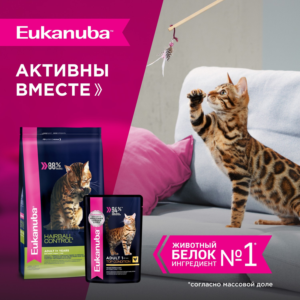 КОРМ СУХОЙ ПОЛНОРАЦИОННЫЙ EUKANUBA® ДЛЯ ВЗРОСЛЫХ КОШЕК И КОШЕК ЖИВУЩИХ В ПОМЕЩЕНИИ СТАРШЕ 1 ГОДА КОНТРОЛЬ ШАРИКОВ (ЭДАЛТ 1+ ЛЕТ ХЭЙРБОЛ КОНТРОЛЬ) 400г