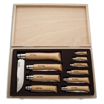 Складной нож Набор Opinel в деревянной коробке с крышкой из 10 ей разных размеров из нержав стали c клинком из стали Sandvik™ 12С27, рукоять дерево (Бук)