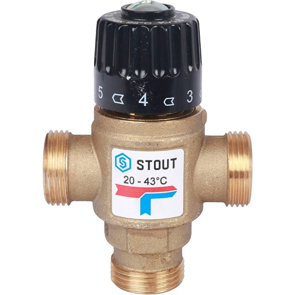 Клапан термостатический смесительный STOUT - 3/4" (НР, 20-43°C, Kvs 1.6, L-образное смешивание)