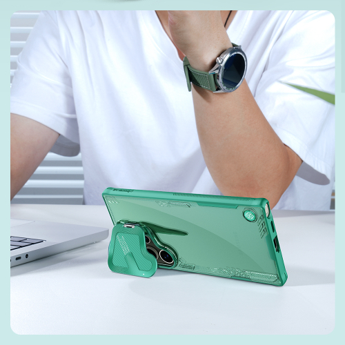 Чехол прозрачный зеленый (Glacier Green) от Nillkin с металлической откидной крышкой для камеры на Samsung Galaxy S24 Ultra, серия Iceblade Prop Case