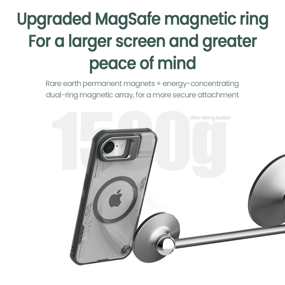 Чехол прозрачный от Nillkin с металлической крышкой и поддержкой MagSafe на iPhone 16e и iPhone 17e, серия Iceblade Prop Magnetic Case (версия с открытой камерой)