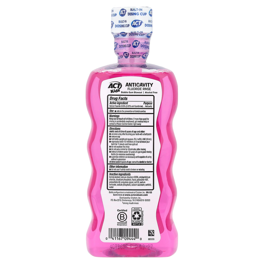 ACT, ополаскиватель для рта с фторидом, против кариеса, Bubble Gum Blowout®, без сахара и спирта, 500 мл (16,9 жидк. унции)