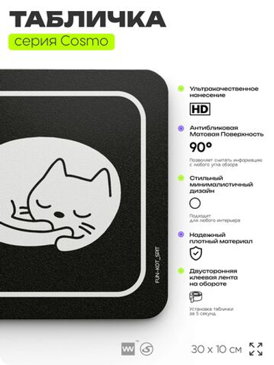 Табличка Тише, кот спит, шуточная прикольная табличка на дверь и стену черная, для офиса и дома, серия COSMO FUN, 30х10 см, Айдентика Технолоджи