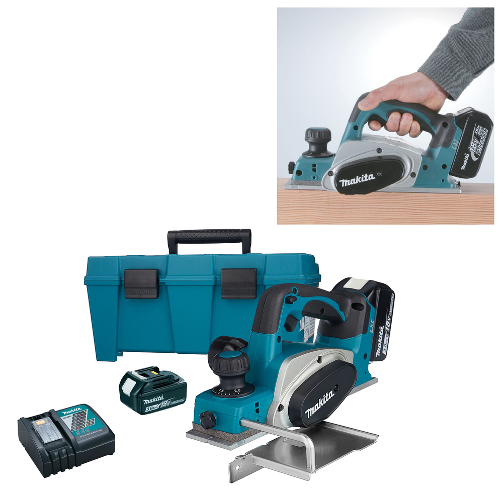 СУПЕР ЦЕНЫ! КОМПЛЕКТ: Аккумуляторный рубанок Makita LXT 18 В, ДВА Аккумулятора 3,0 Ач, Зарядное устройство, КЕЙС, Макс. ширина строгания 82 мм, глубина 2 мм, Мах глубина выборки четверти 9 мм DKP180RFE