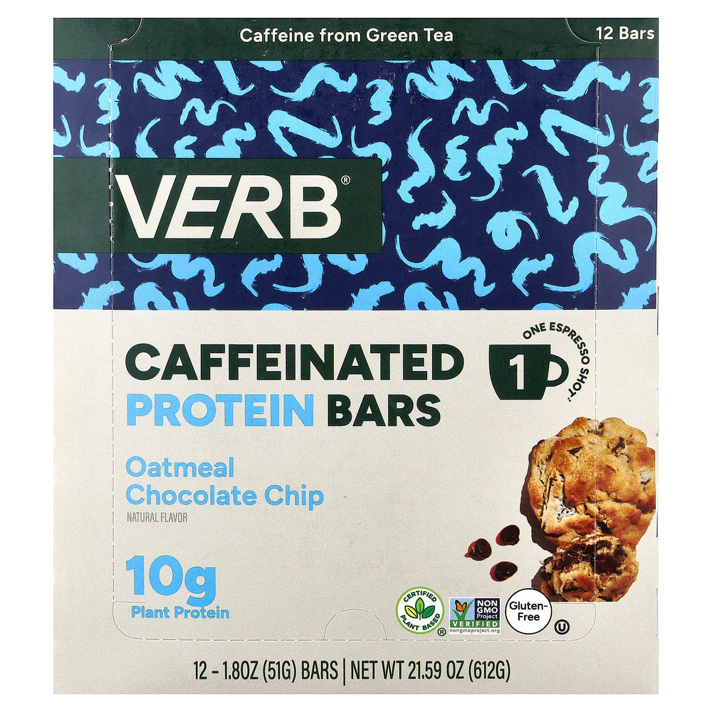 Verb Energy, Caffeinated Protein Bars, Oatmeal Chocolate Chip, 12 Bars, 1.8 oz (51 g) Each