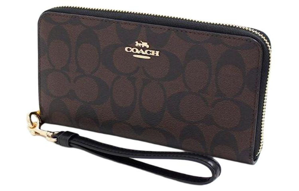 COACH Zip Around Monogram Canvas With Leather Wallet Clutch Regular Women"s Black & Brown