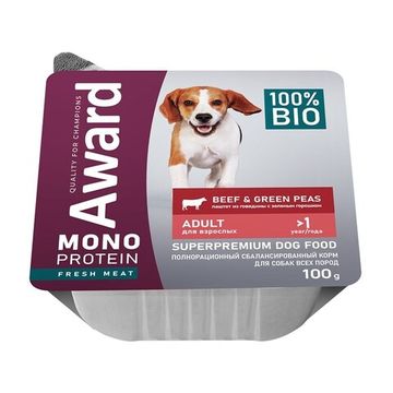 AWARD MONOPROTEIN Влажный корм для взрослых собак паштет из говядины с зеленым горошком 100 г