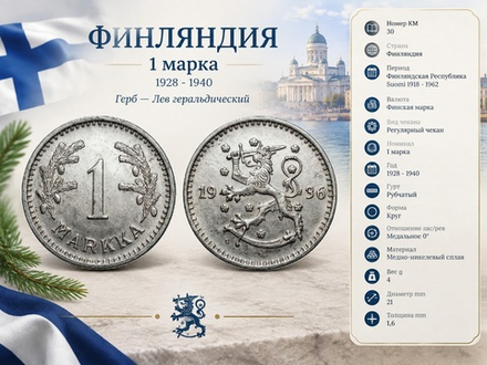 Финляндия 1 марка, 1936 Лев XF