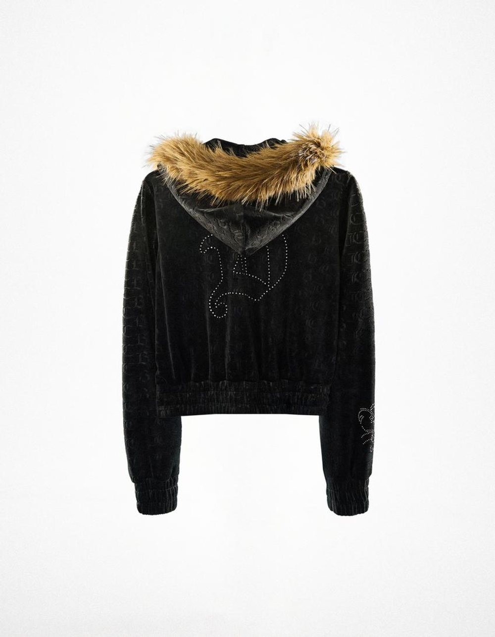 BERSHKA X JUICY COUTURE БАРХАТНАЯ КУРТКА С КАПЮШОНОМ, ЧЕРНЫЙ