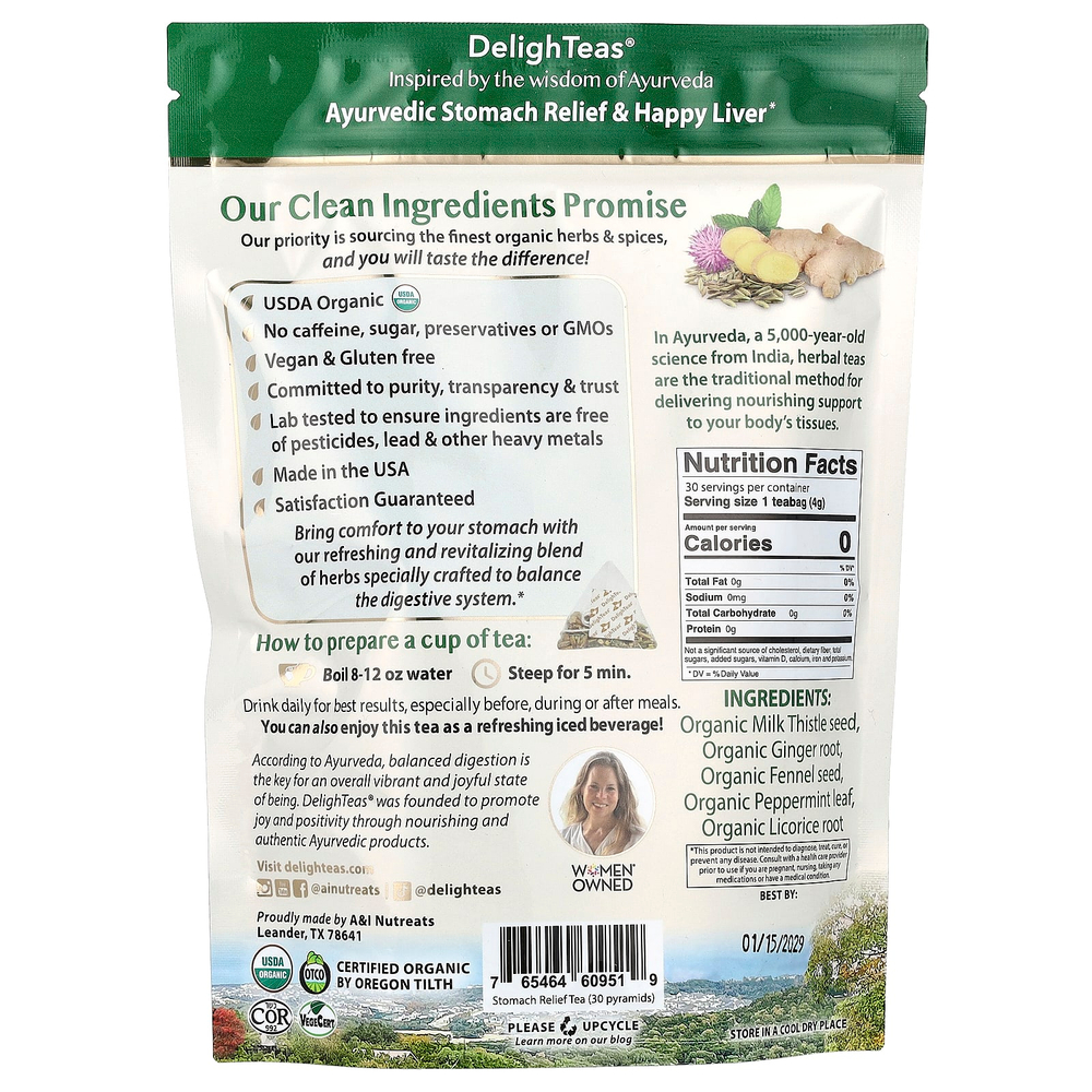 DelighTeas, Ayurvedic Stomach Relief & Happy Liver, травяной чай для выведения токсинов, без кофеина, 30 роскошных чайных пакетиков Pyramid, 120 г (4,2 унции)