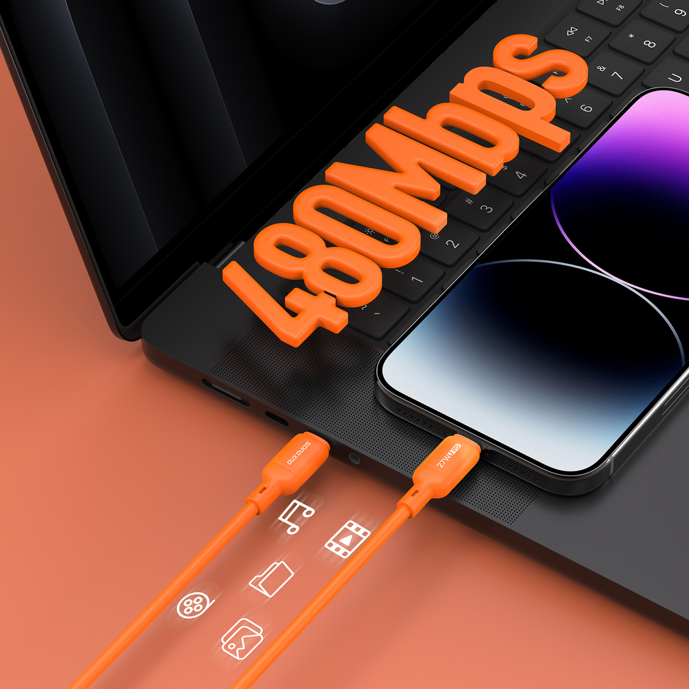 Силиконовый кабель оранжевого цвета с USB-C на Lightning, быстрая зарядка 27W, длина 100см (1м), серия SILI Series от Dux Ducis