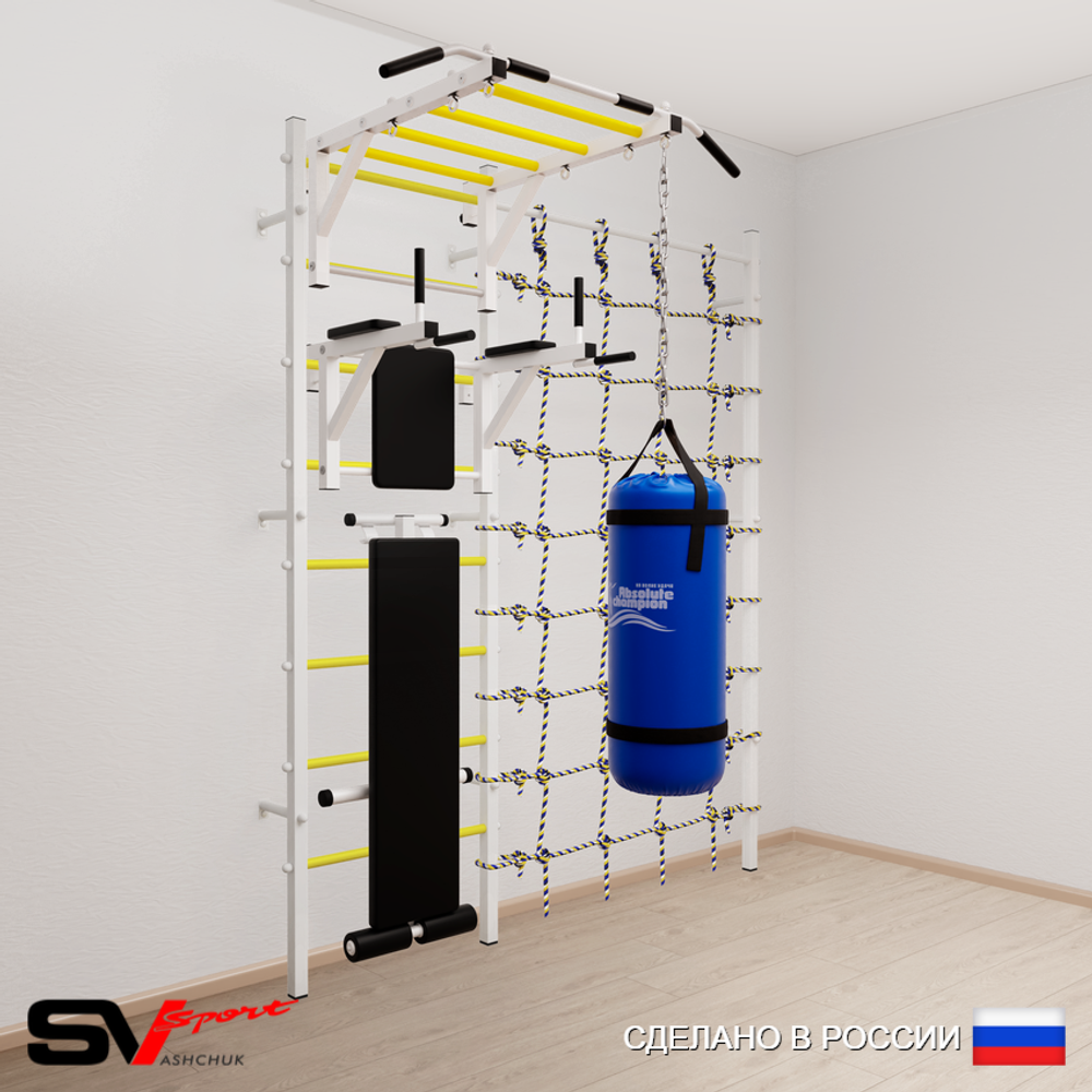 Шведская стенка Sv Sport усиленная 62420 (Турник рукоход/Брусья/Скамья/Цепь/Мешок 22кг/Канатный лаз)