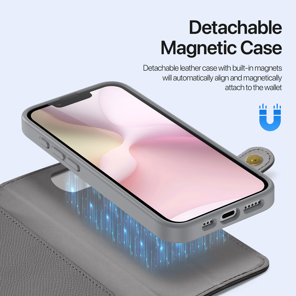 Чехол кошелек с MagSafe из TPU кожи серого цвета от Dux Ducis для iPhone 16e, SE (с 2025-) и 17e, серия Lawa Series Case