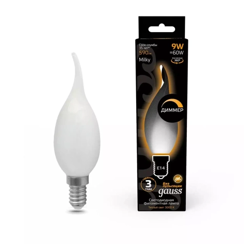 Лампа Gauss LED Filament Свеча на ветру 9W E14 490lm 3000K milky диммир.104201109-D