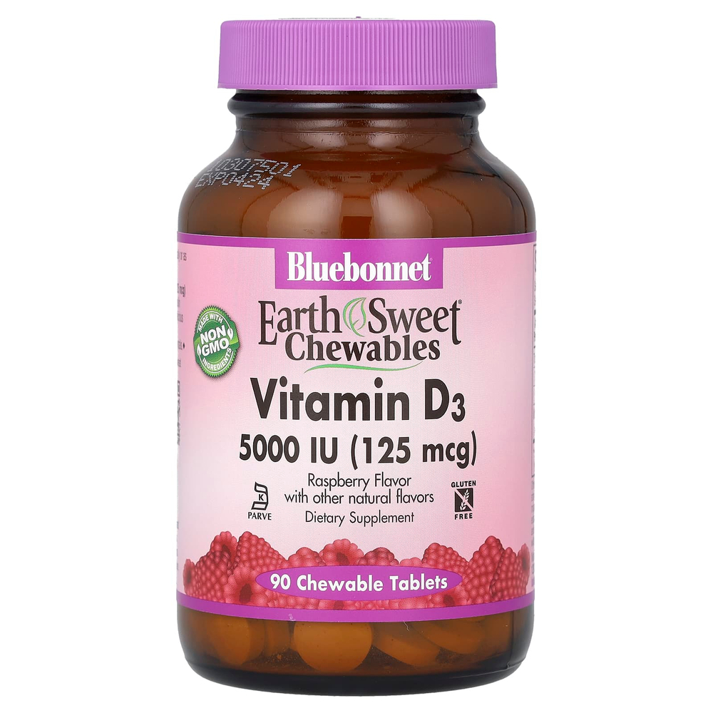 Bluebonnet Nutrition, витамин D3, малина, 5000 МЕ (125 мкг), 90 жевательных таблеток