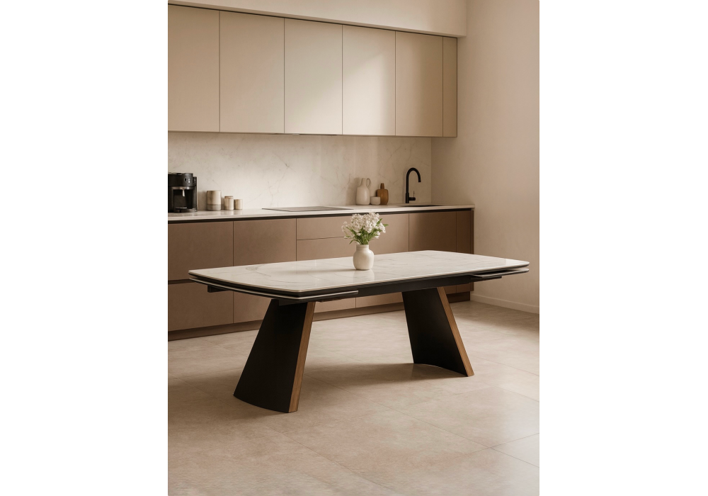 Керамический стол Woodville Симмонс 180(260)x90 statuario titan gloss, черный, орех дуб монтана