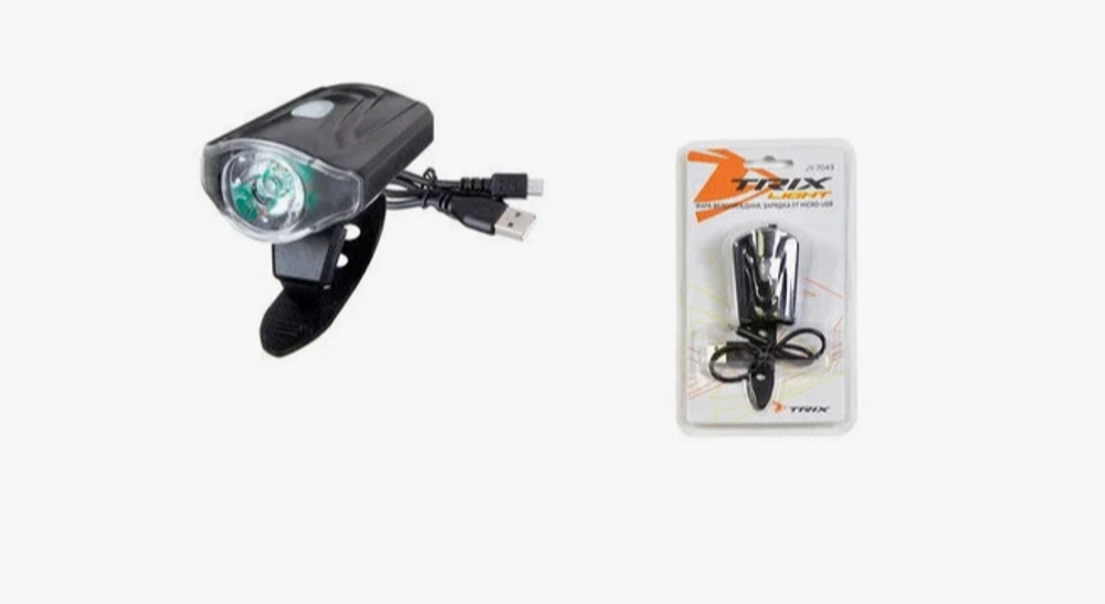 Фара TRIX передняя, 1 суперъяркий диод 0,5W, 50 lm, 3 режима, крепеж на руль, индикатор зарядки, аккумулятор, micro USB, пластик