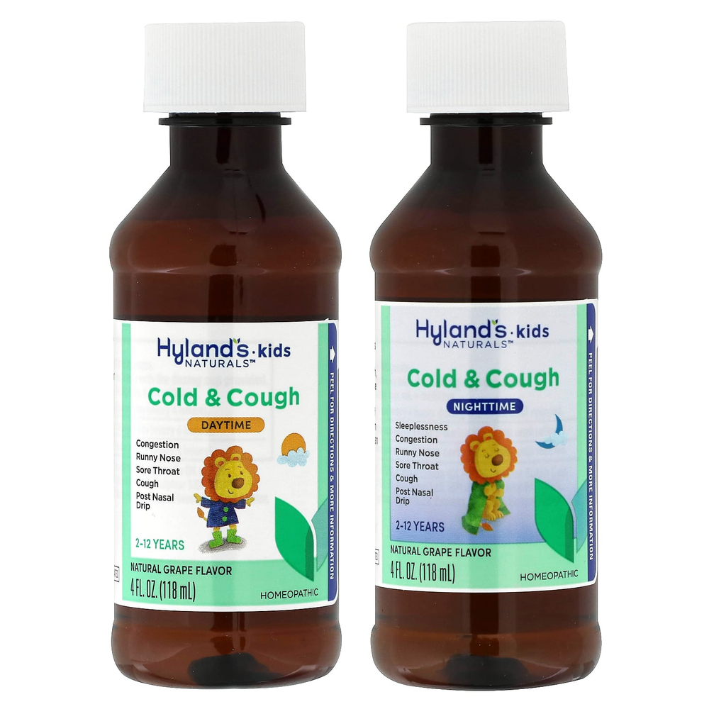 Hyland's Naturals, Для детей, комбо-пакет от простуды и кашля, дневное и ночное время, для детей от 2 до 12 лет, из натурального винограда, 2 флакона по 118 мл (4 жидк. унц.)
