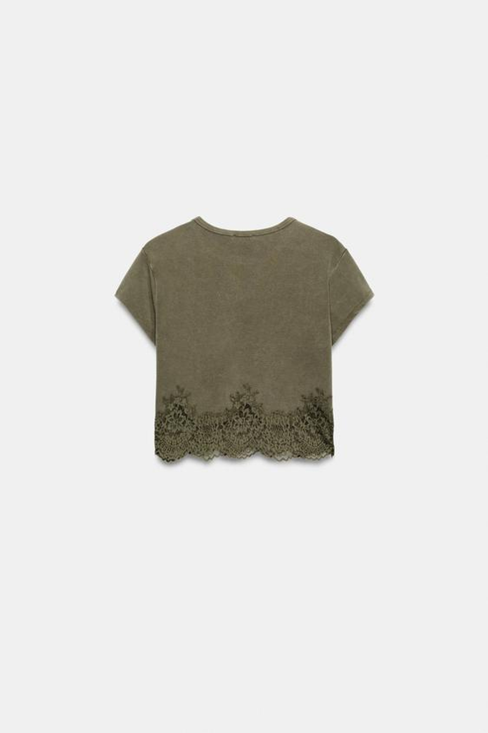 ZARA УКОРОЧЕННАЯ ФУТБОЛКА С КРУЖЕВОМ, ХАКИ