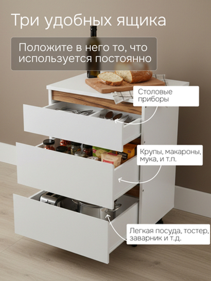 Кухонный модуль напольный 60 см Валенсия с 3-мя ящиками без столешницы, с дубовыми панелями, на ножках / белый, массив дуба