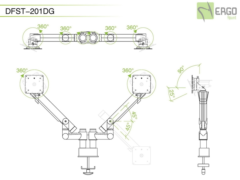 ErgoFount DFST-201DG Шарнирное настольное крепление для 2 мониторов диагональю до 27'' с двухколенными вылетами, газово-пружинными амортизаторами и струбциной к столу типа "G". Цвет - серебристый