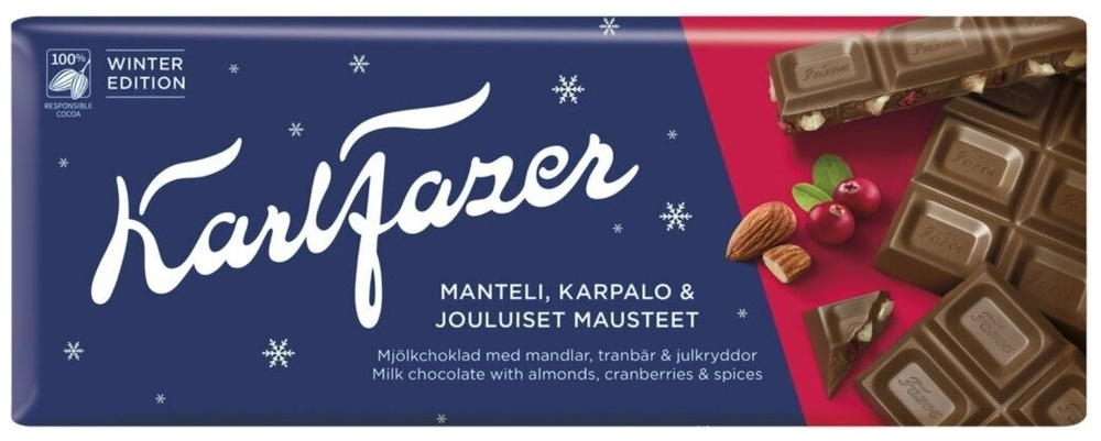 Karl Fazer Молочный Шоколад Winter edition миндаль, клюква, крошки печенья и рождественские специие, 200 гр. (Финляндия)