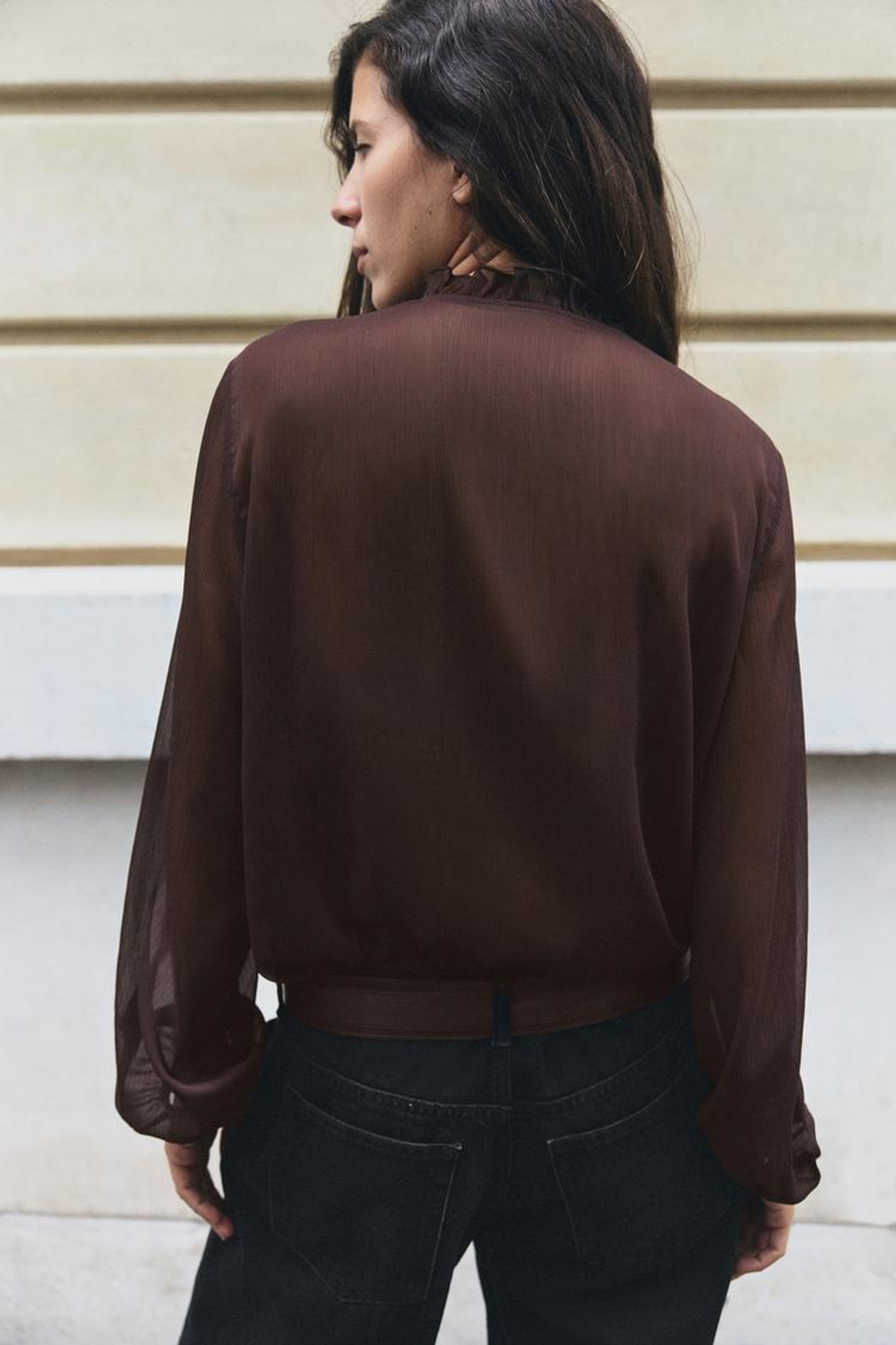 ZARA БЛУЗА С ВЫШИВКОЙ И ВОЛАНАМИ, КОРИЧНЕВЫЙ