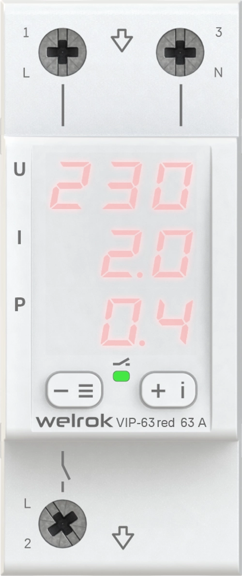 Реле напряжения с контролем тока Welrok VIP-63 red