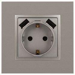 Розетка ЭРА Elegance 14-4109-16 2P+E 16A-250В штор. с 2xUSB 5В-3А титан | Розетки и выключатели