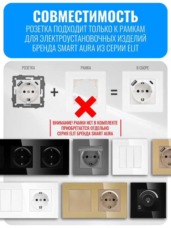 Розетка с зарядным устройством USB и Type-C Smart Aura серия ELIT без рамки