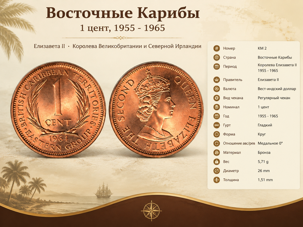 Восточные Карибы 1 цент, 1964 Королева Елизавета II aUNC