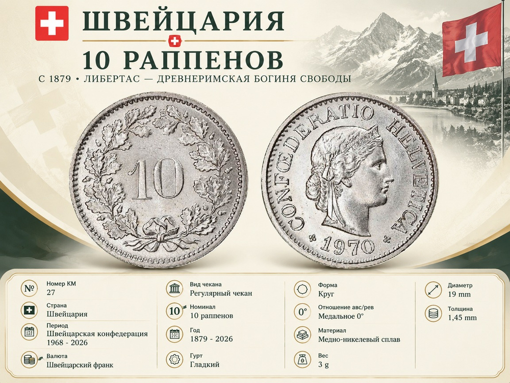 Швейцария 10 раппенов, 1970 Либертас XF