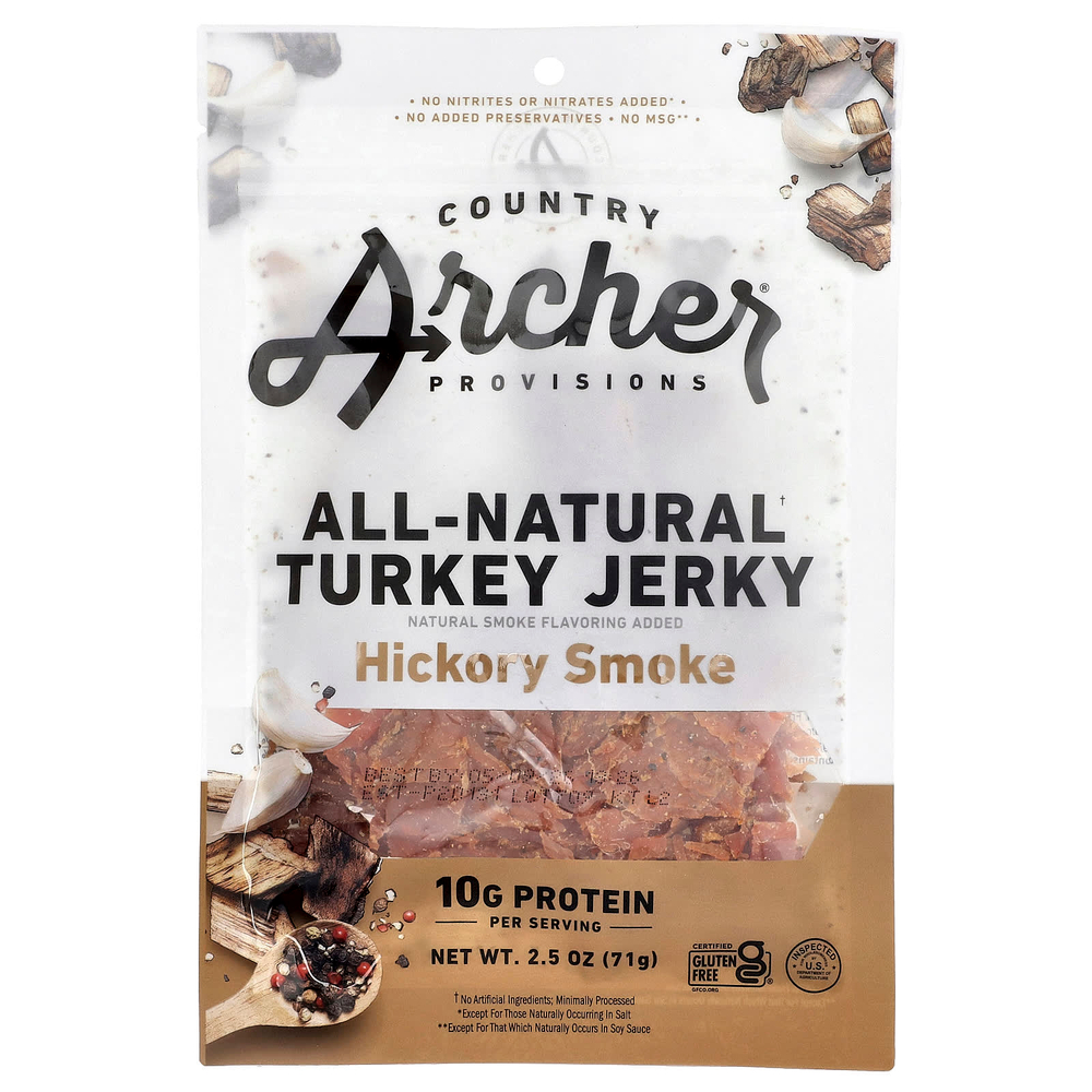 Country Archer Jerky, полностью натуральное вяленое мясо индейки, копчение на дровах гикори, 71 г