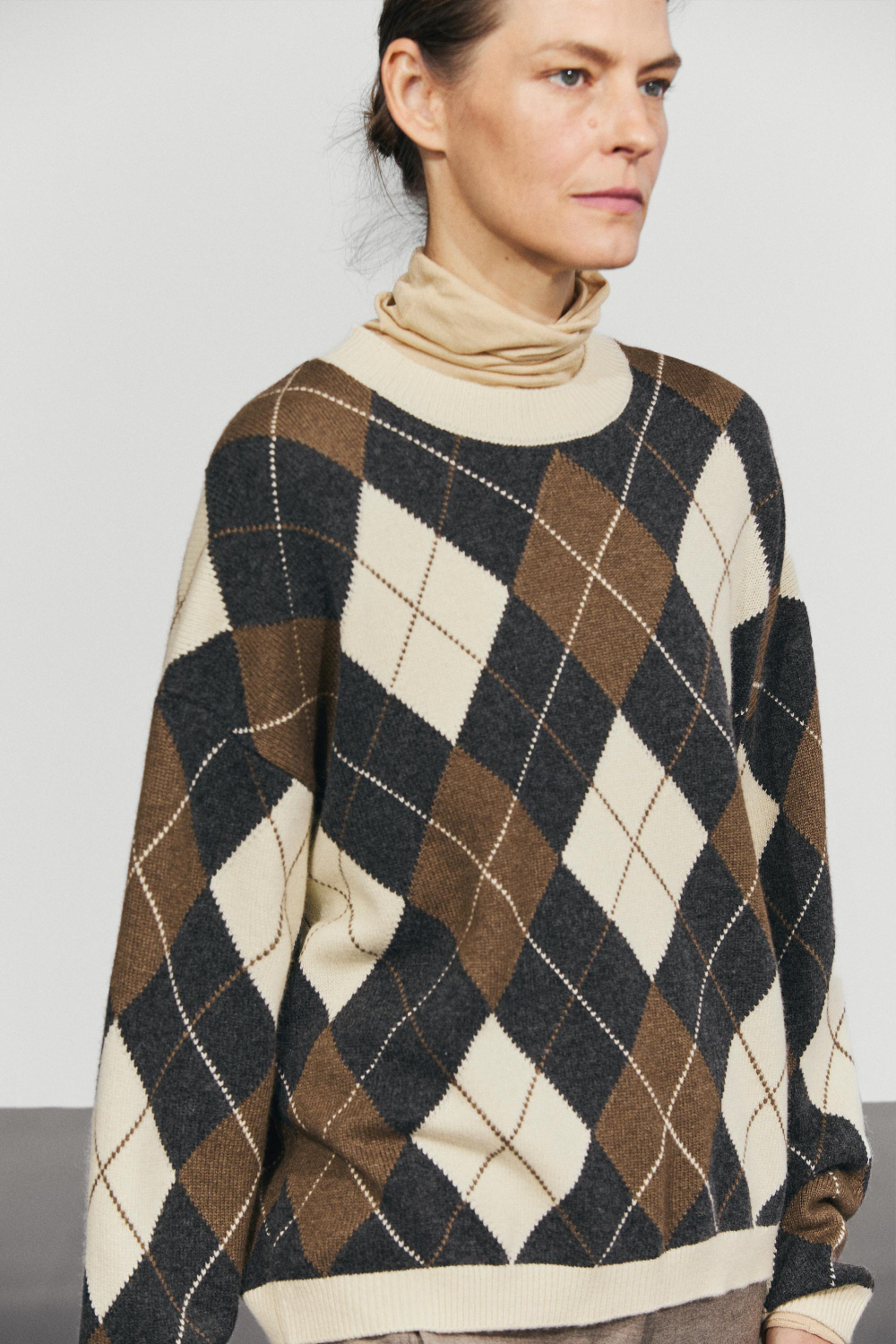 Massimo Dutti Свитер из шерсти с узором из ромбов, натуральный/кремовый