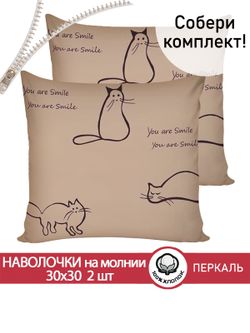 Наволочка комплект 2шт перкаль Сказка "Котики (беж)" 30х30 см на молнии