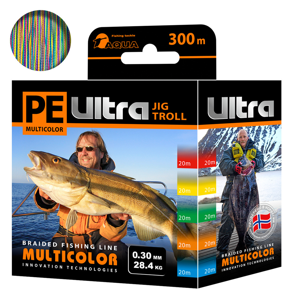 Плетеный шнур для рыбалки AQUA PE ULTRA MULTICOLOR JIG TROLL (20) 0,30mm 300m. Товар уцененный