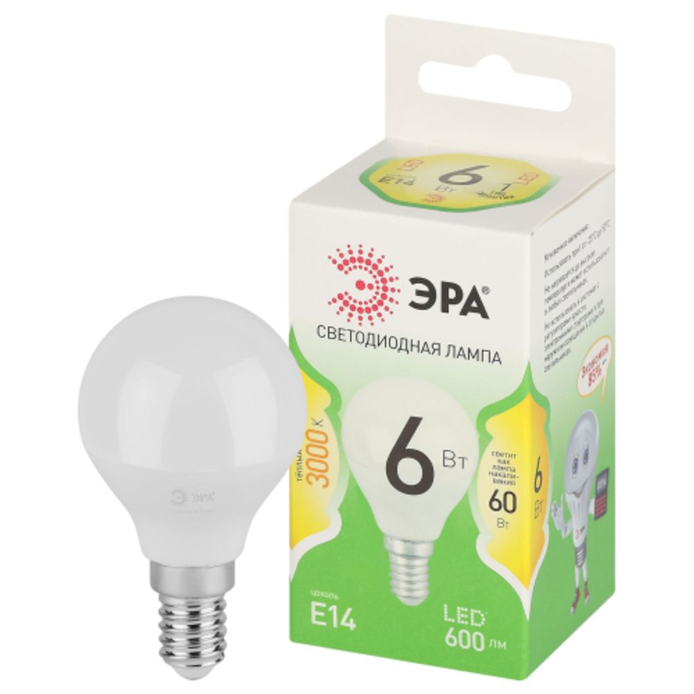 Лампа светодиодная ЭРА GREEN LINE LED P45-6W-830-E14 GL 6Вт шар теплый свет E14 | Лампы cветодиодные Шар (G/P)