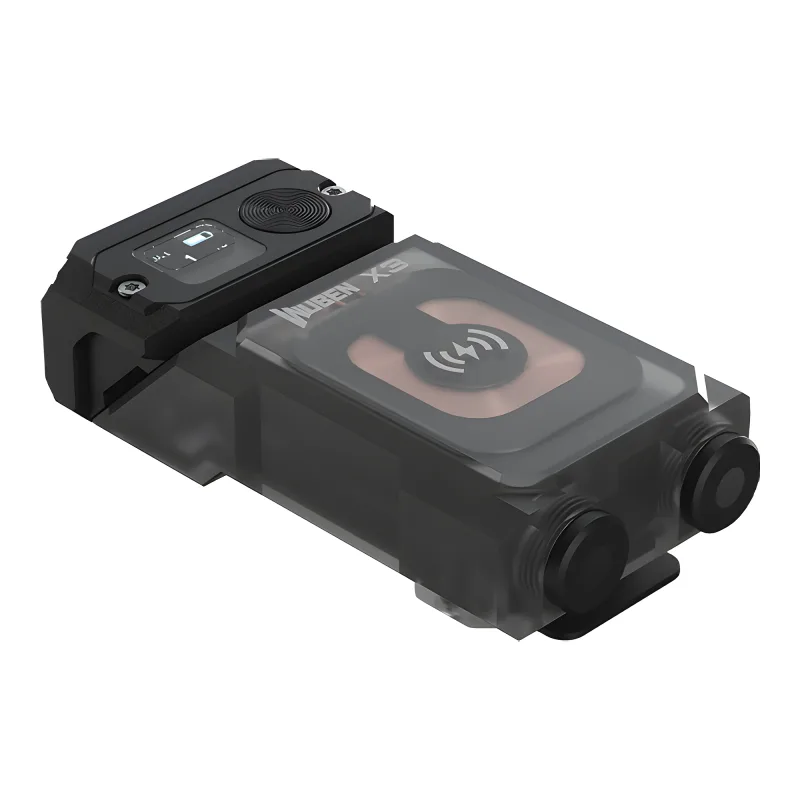 Фонарь Wuben X3 Pro, чёрный - вид сзади в пол-оборота, с дисплеем и крышками