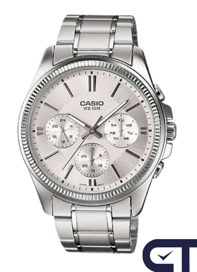 CASIO MTP-1375D-7A ENTICER MEN мужские наручные часы — светлый циферблат, день недели и дата в классическом стальном корпусе