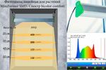 Фитолампа линейная minifermer, инфографика распределения ppfd и график спектра излучения света