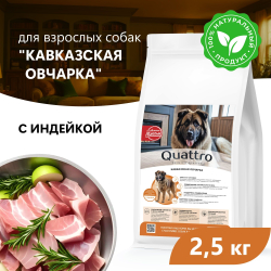 Корм сухой для взрослых собак породы Кавказская овчарка, премиум полнорационный комплекс, с индейкой, 2,5 кг, QUATTRO