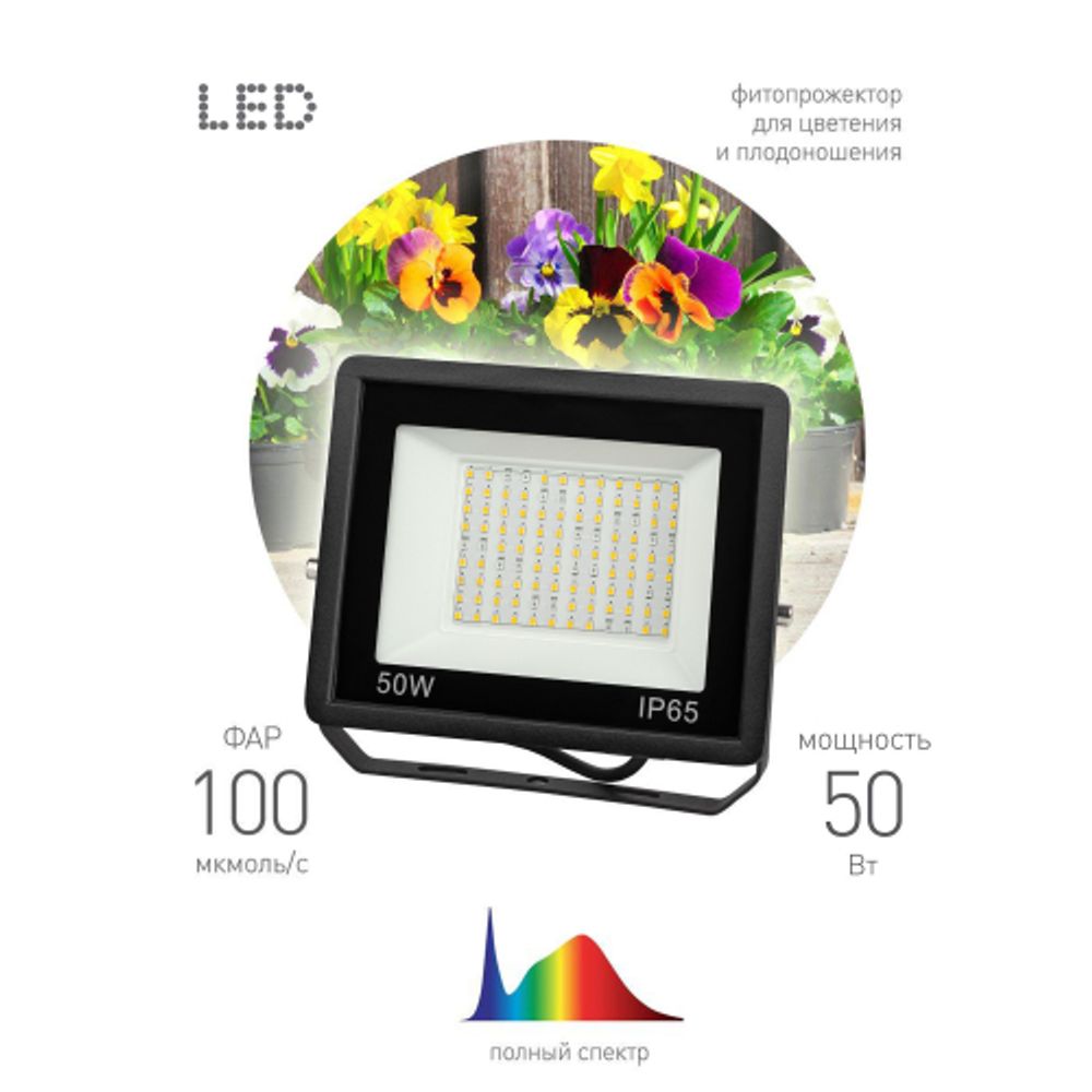 Фитопрожектор для растений светодиодный ЭРА FITO-50W-Ra90-LED для цветения и плодоношения полного спектра 50 Вт | Фито прожекторы