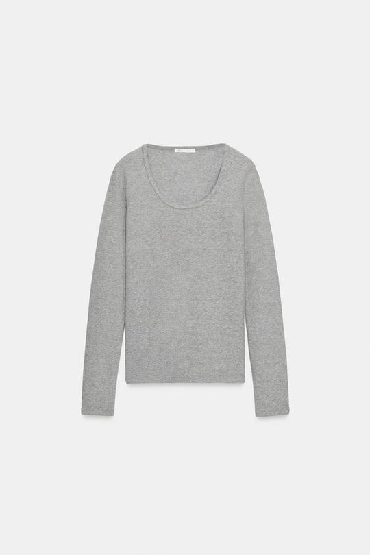 ZARA ФУТБОЛКА В РУБЧИК С ШИРОКИМ ВЫРЕЗОМ, СЕРЫЙ МЕЛАНЖ
