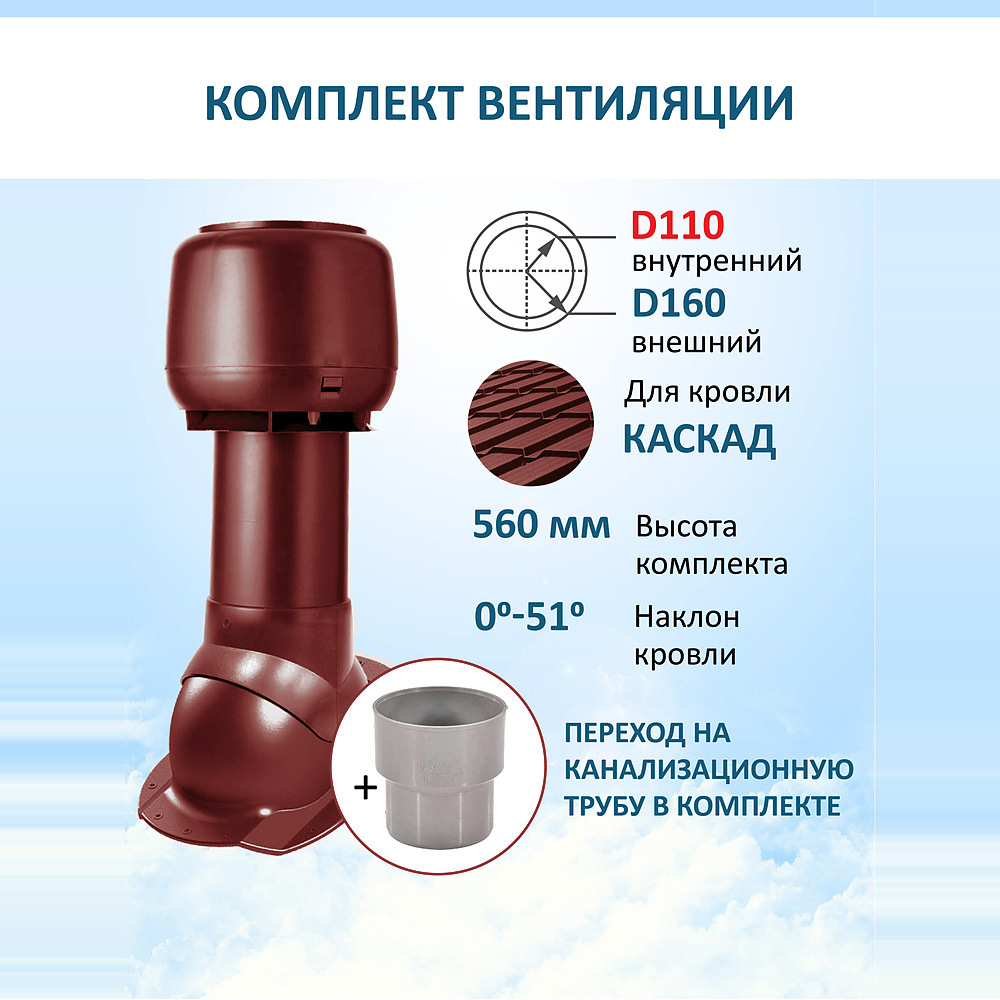 Комплект вентиляции: Вентиляционный выход изолированный D125/160 утепленный высота H=500 мм, проходной элемент ТР-87/К для скатной кровли металлочерепицы Каскад, колпак вентиляционный D160 мм, переход на канализационную трубу D110 с вентиляционного выхода 125/160 без уплотнения, красный
